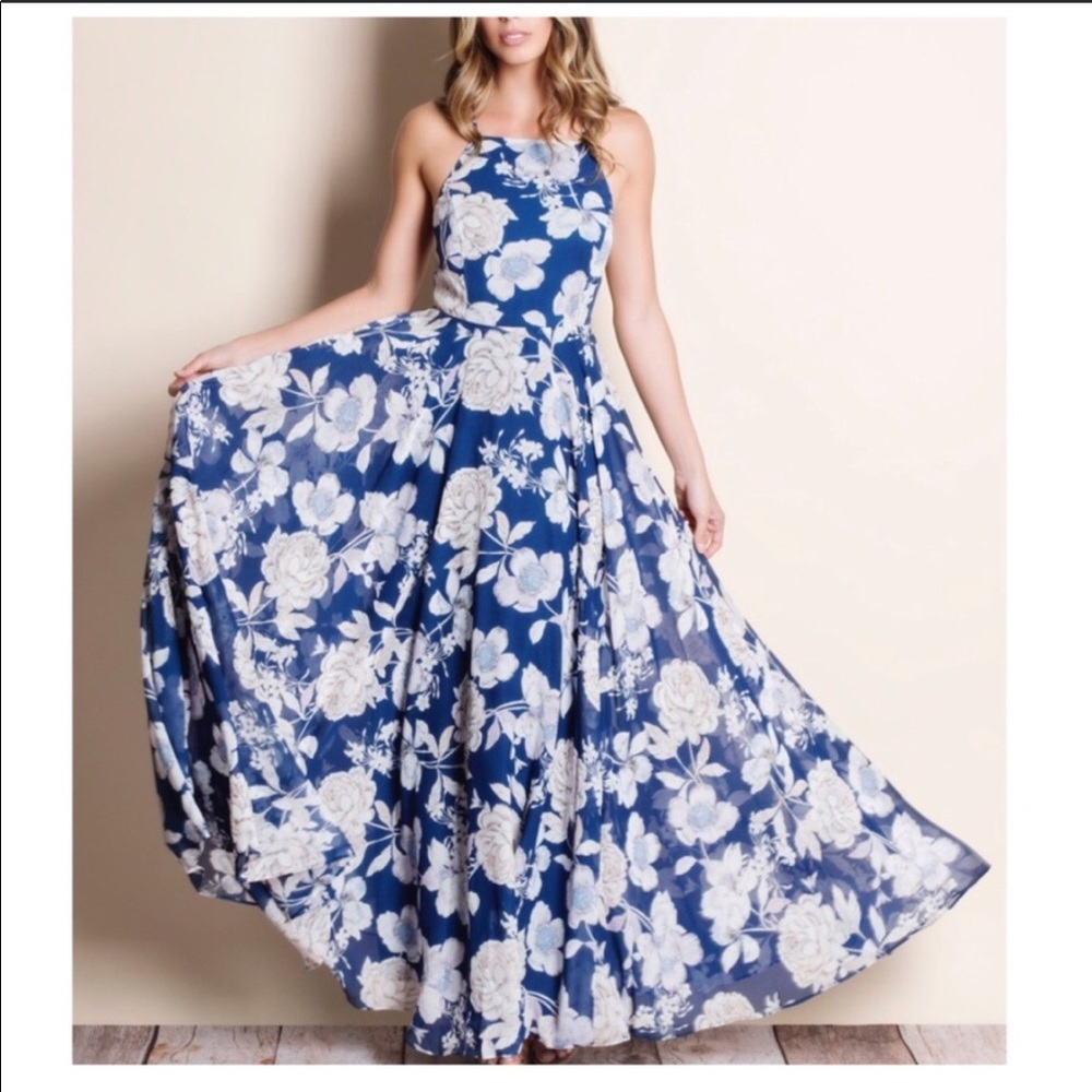 Blue chiffon floral print maxi dress